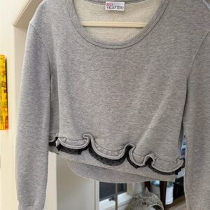 RED Valentino Gray Sweater with Black Ruffle Trim